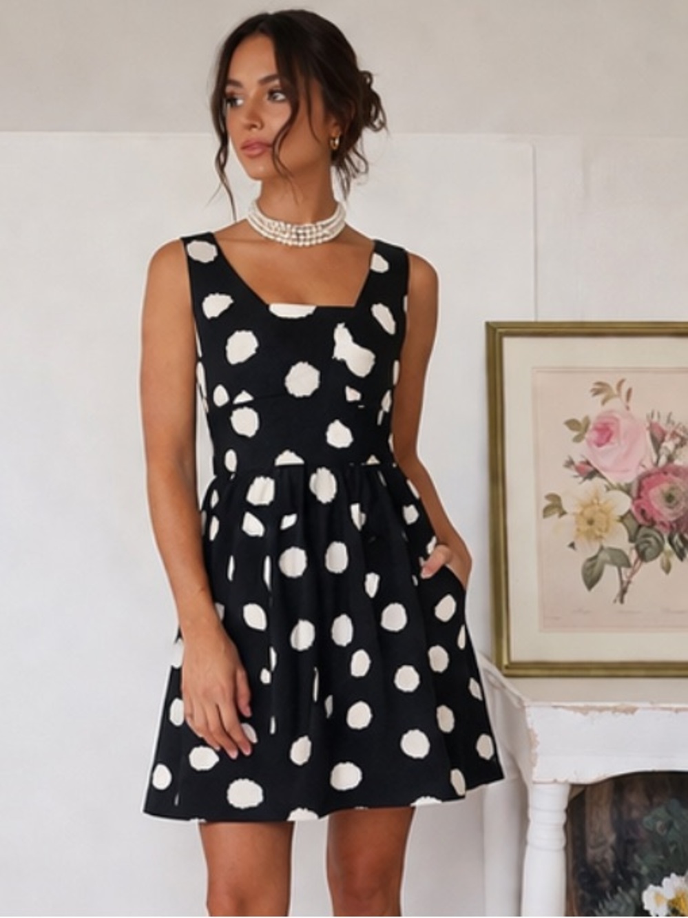 LOFT Petites Black and Ivory Polka Dot Dress 2P